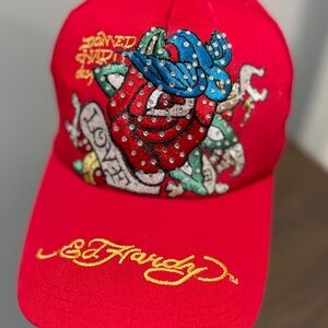 Ed Hardy Bold Red Cap with Blue and White Embroidery